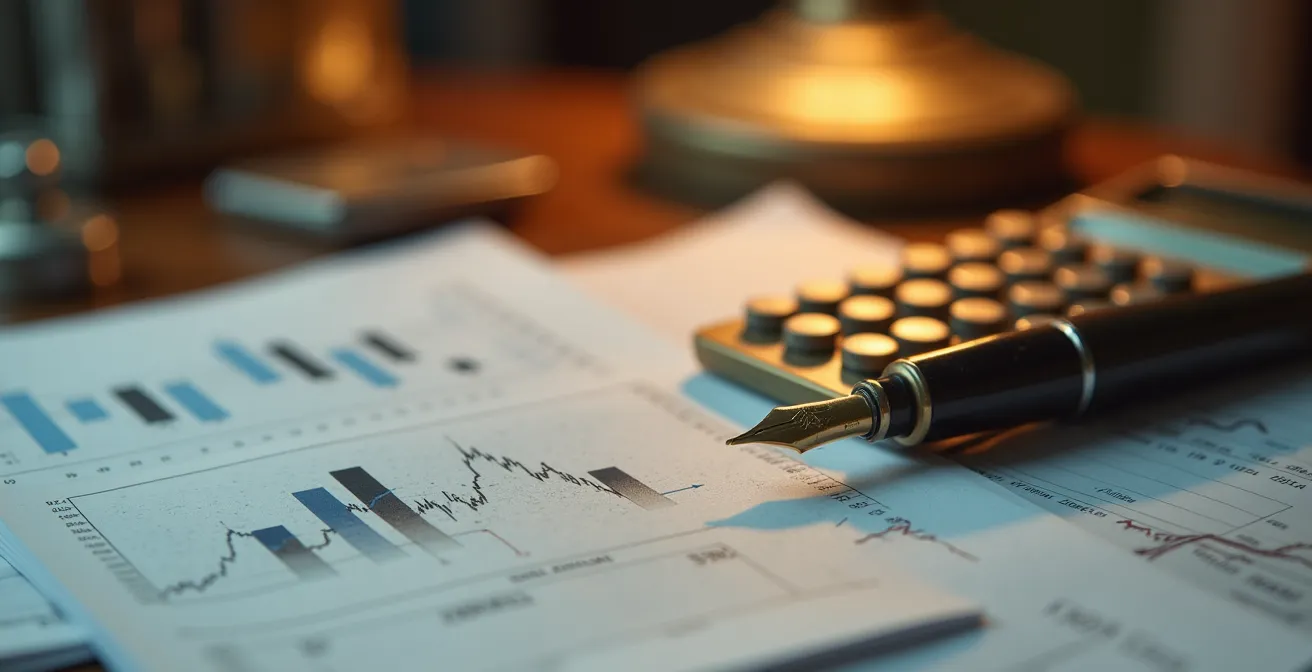 Vista macro di documenti finanziari e analisi crediti con calcolatrice e grafici