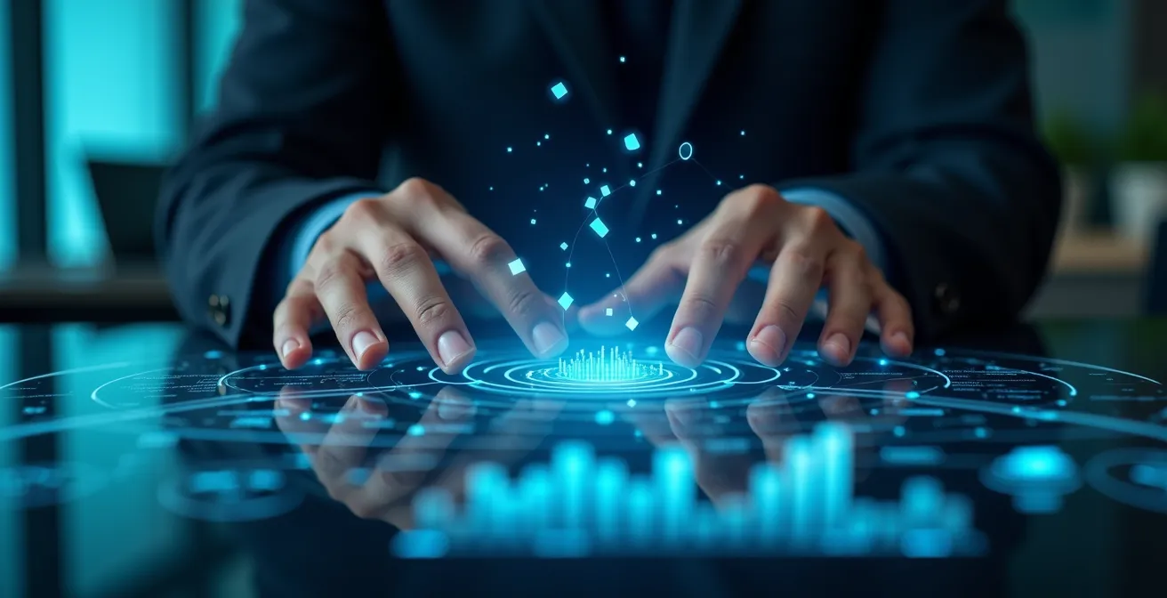 Mani che interagiscono con superficie touch olografica mostrando grafici astratti