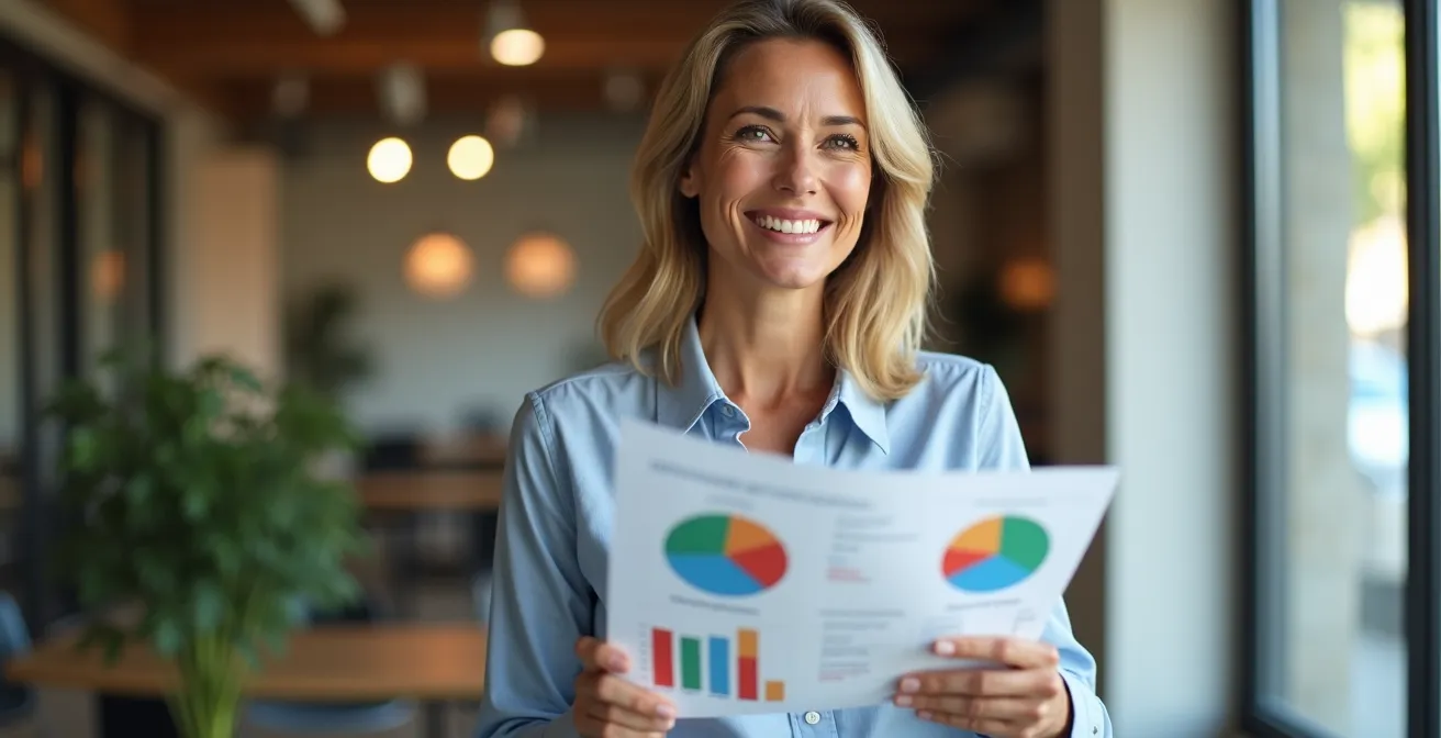 Dipendente italiana sorride guardando documento che mostra grafici colorati dei benefit aziendali