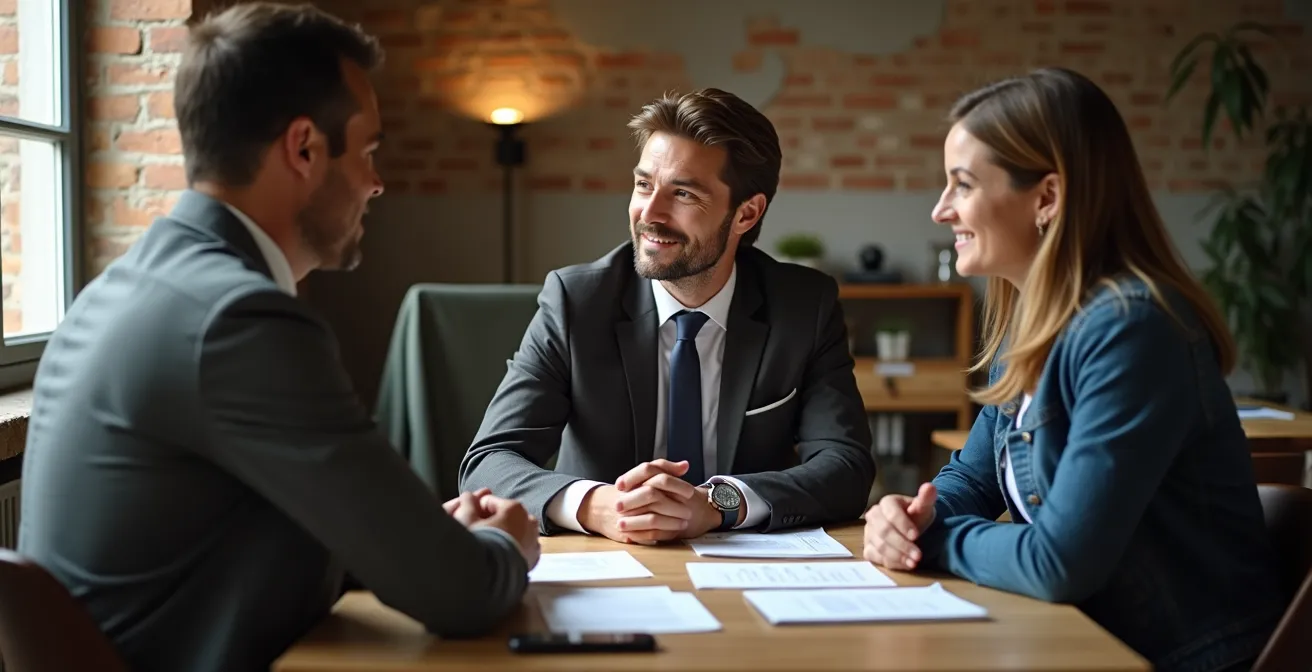 Colloquio di lavoro con tre persone in ambiente PMI italiano autentico