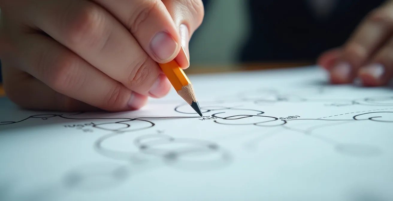 Primo piano delle mani di un candidato che risolve un problema tecnico su carta durante un colloquio