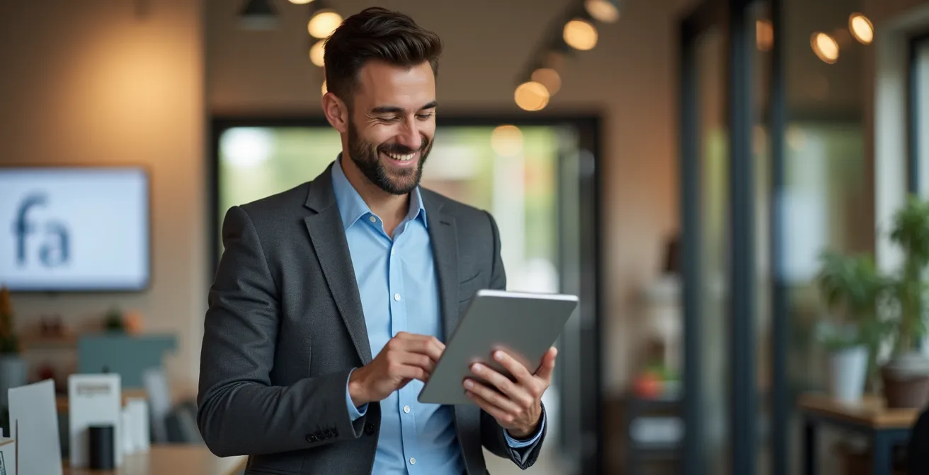 Agente commerciale che consulta dashboard personalizzati su tablet in ambiente di lavoro moderno