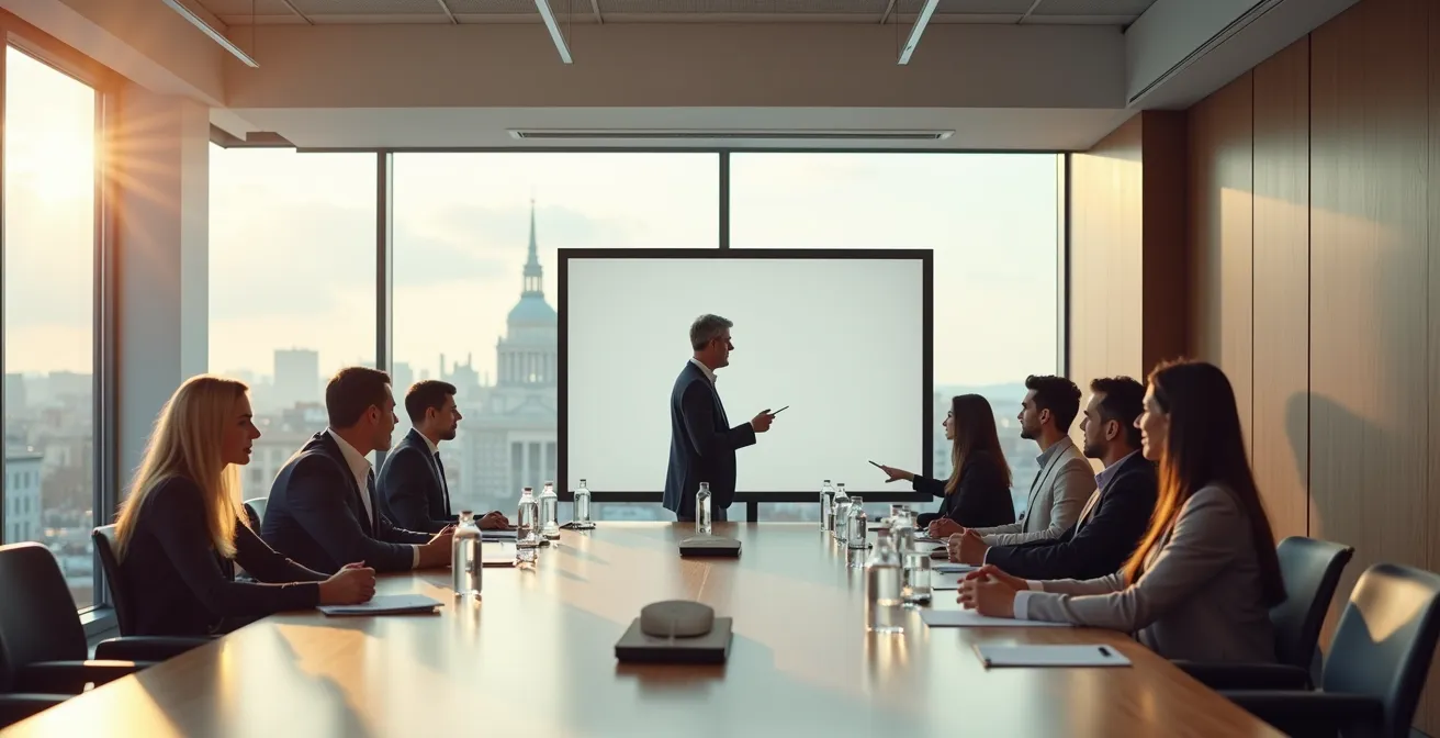 Manager che facilita una riunione di comunicazione a cascata in un ambiente di lavoro italiano moderno