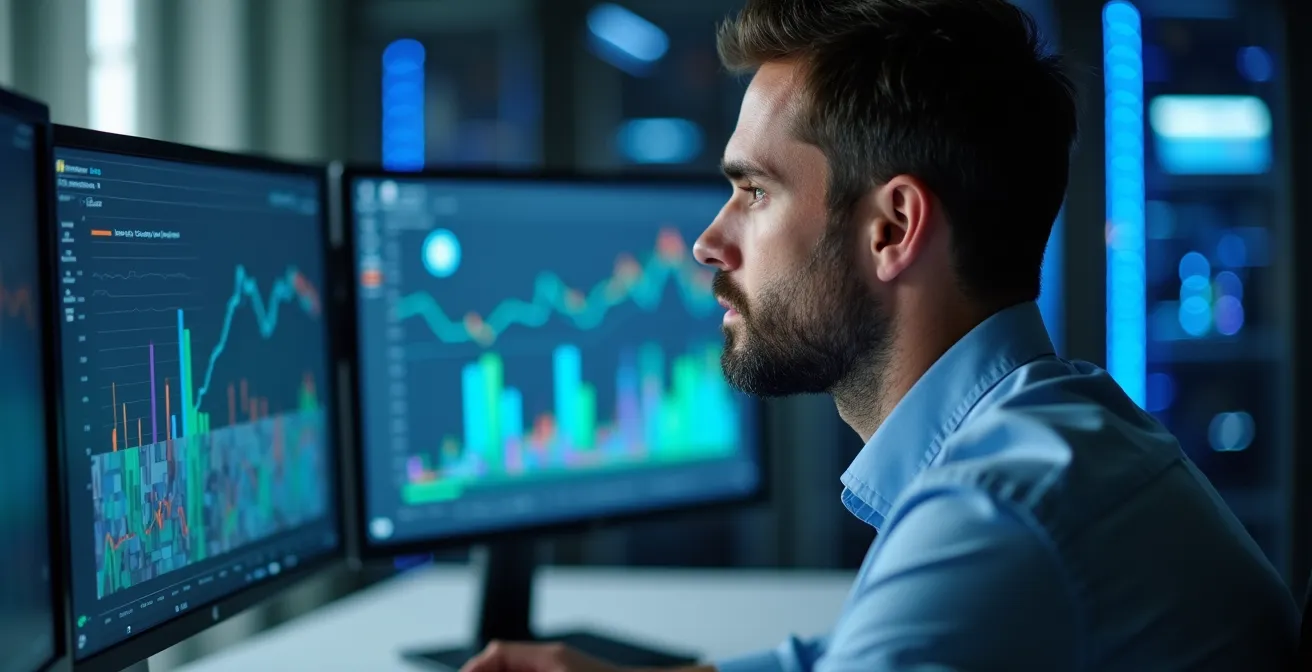 Sala controllo moderna con schermi che mostrano grafici e dati di produzione in tempo reale