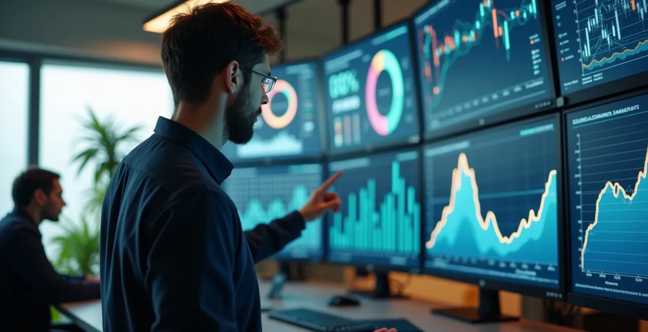 Sala controllo moderna con schermi che mostrano metriche di sostenibilità e flussi di economia circolare