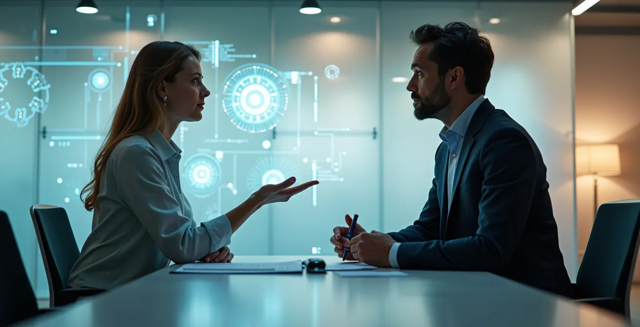 Professionisti italiani in ufficio moderno con elementi di tecnologia e interazione umana