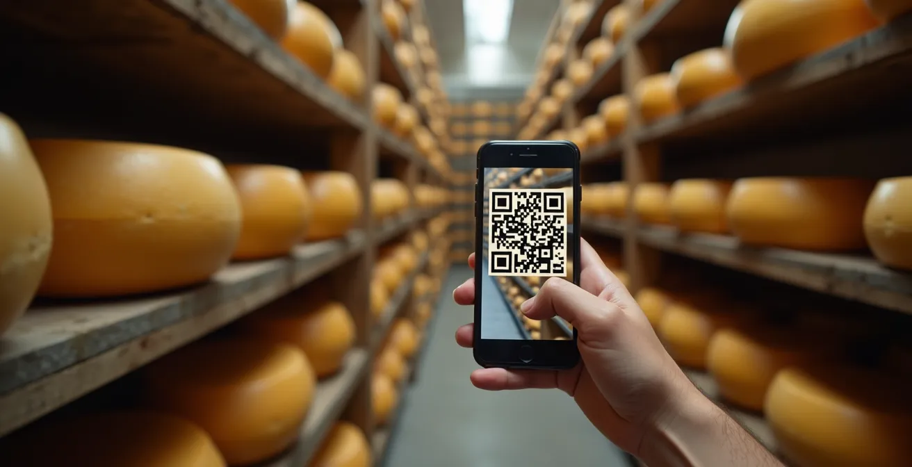 Produttore italiano scansiona codice QR su formaggio DOP in caseificio tradizionale
