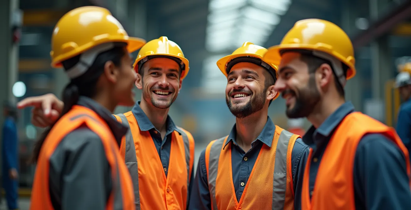 Gruppo di lavoratori partecipa con entusiasmo a formazione sicurezza interattiva in ambiente industriale