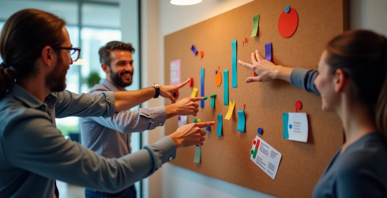 Gruppo di colleghi che celebra un obiettivo raggiunto con sistema di badge visibile su lavagna fisica