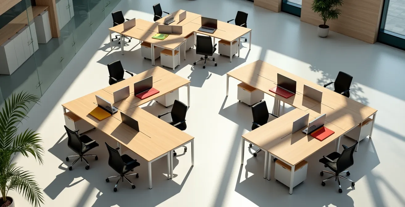 Spazio di lavoro hot desking moderno con postazioni condivise in un ufficio italiano