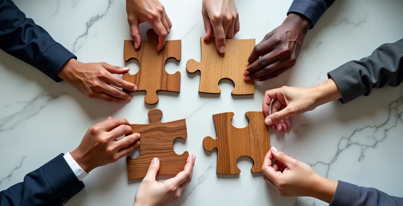 Simbolismo dell'integrazione culturale aziendale attraverso mani che uniscono pezzi di puzzle