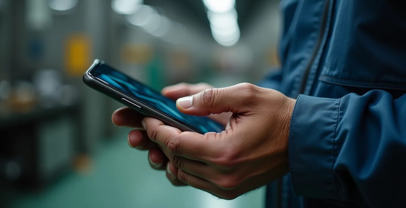 Mani che tengono uno smartphone mostrando una procedura operativa digitale in un ambiente di produzione italiano