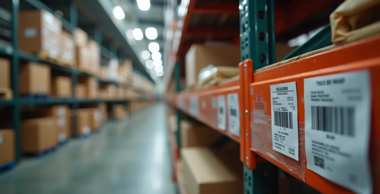 Vista aerea di magazzino industriale con sistemi di tracciamento digitale delle merci