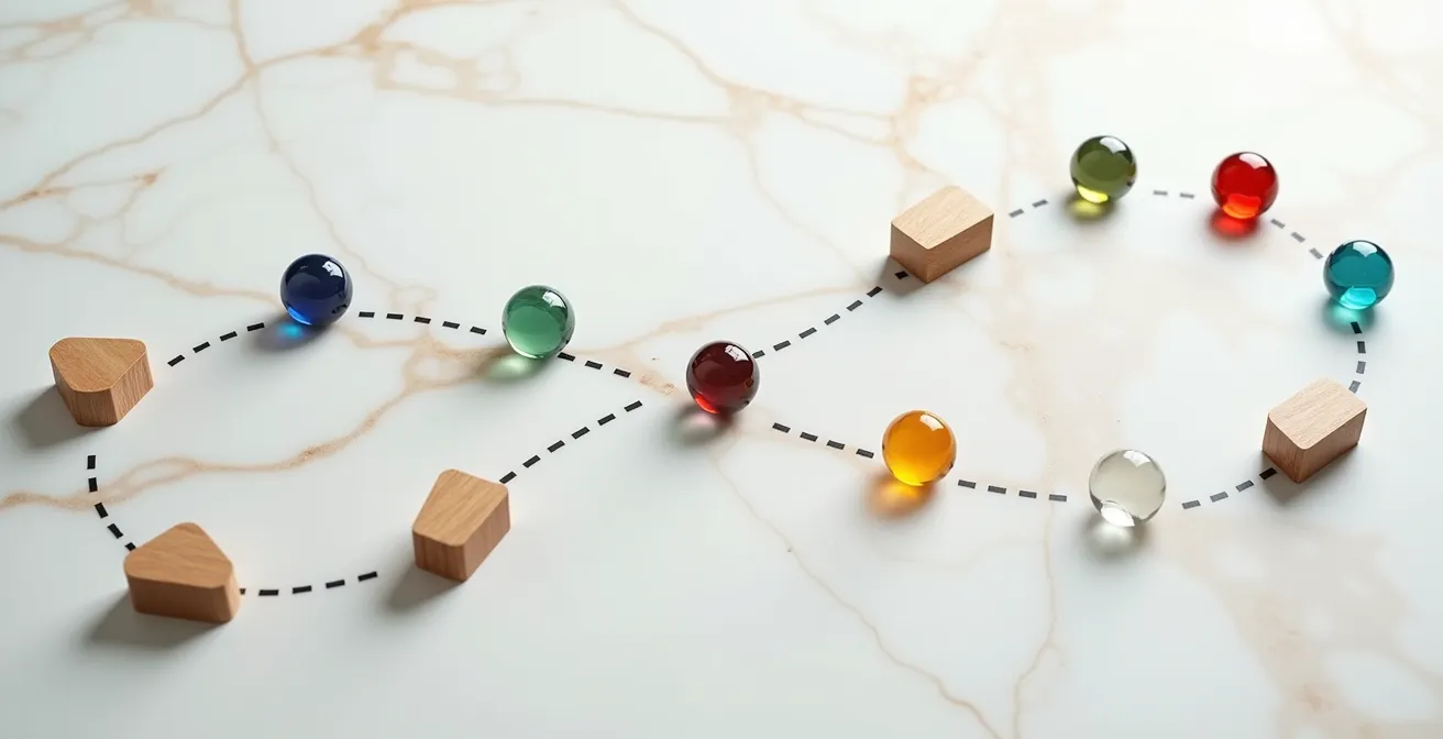 Vista aerea di un percorso cliente rappresentato con elementi fisici su tavolo di lavoro italiano