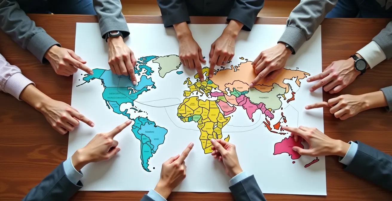 Vista dall'alto di una mappa delle visioni strategiche su un tavolo con mani di diversi soci che indicano punti differenti