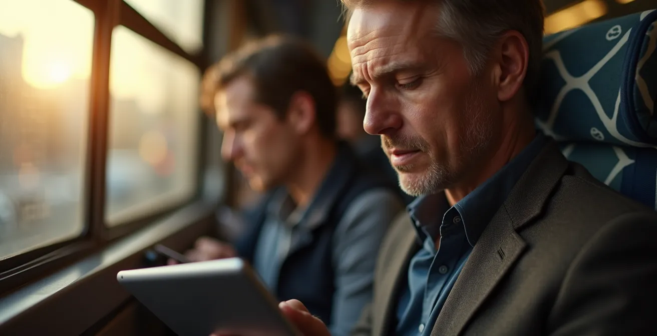 Professionista italiano che studia in treno durante il pendolarismo