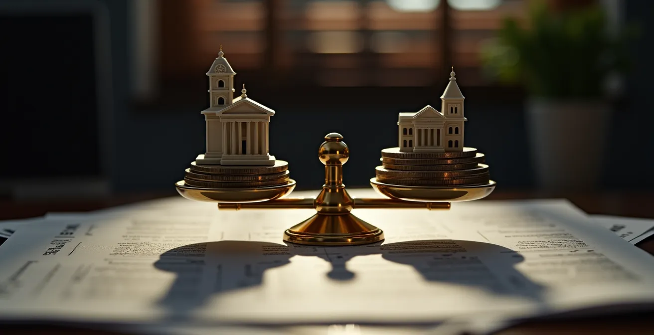 Documenti finanziari e calcolatrice su scrivania in penombra