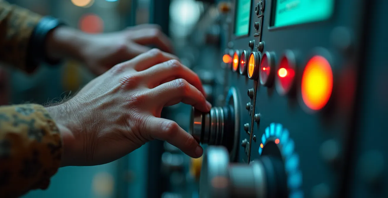 Operatore analizza dati energetici su pannello di controllo industriale