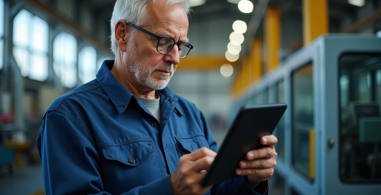 Operatore esperto in fabbrica che esamina con interesse un tablet industriale