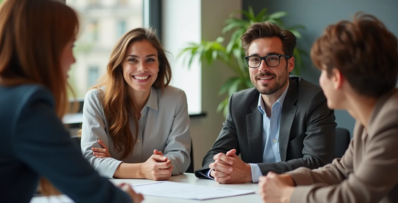 Gruppo di giovani laureati italiani in discussione con professionisti senior in uno spazio di co-working moderno