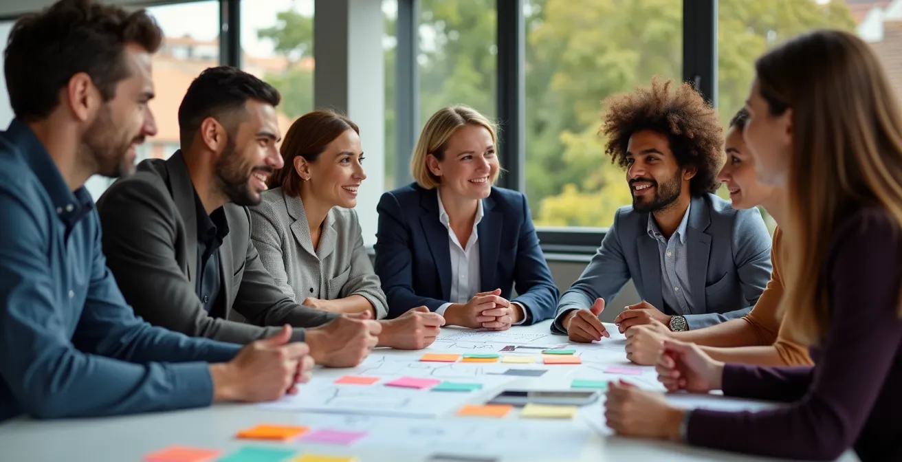 Vista dall'alto di un team che collabora attorno a un tavolo con materiali di formazione