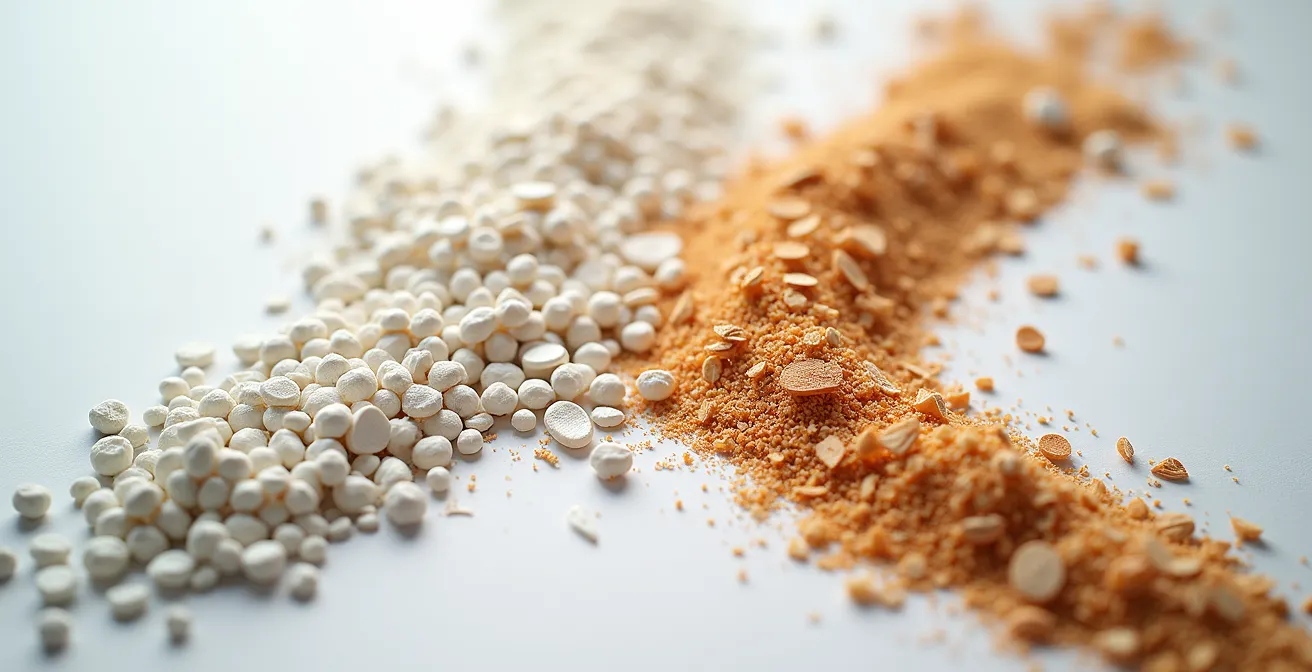 Dettaglio macro di materiali monopuri separati e pronti per il riutilizzo in un processo di economia circolare