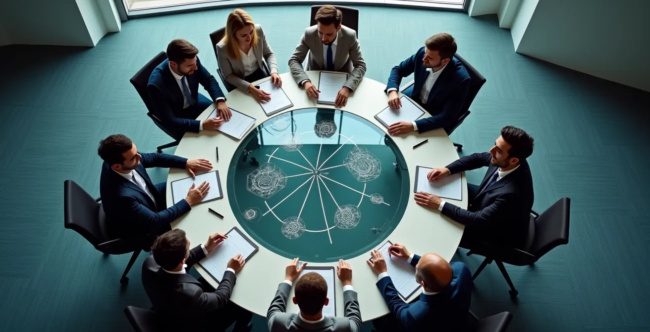 Gruppo di dipendenti in sessione di knowledge sharing collaborativo