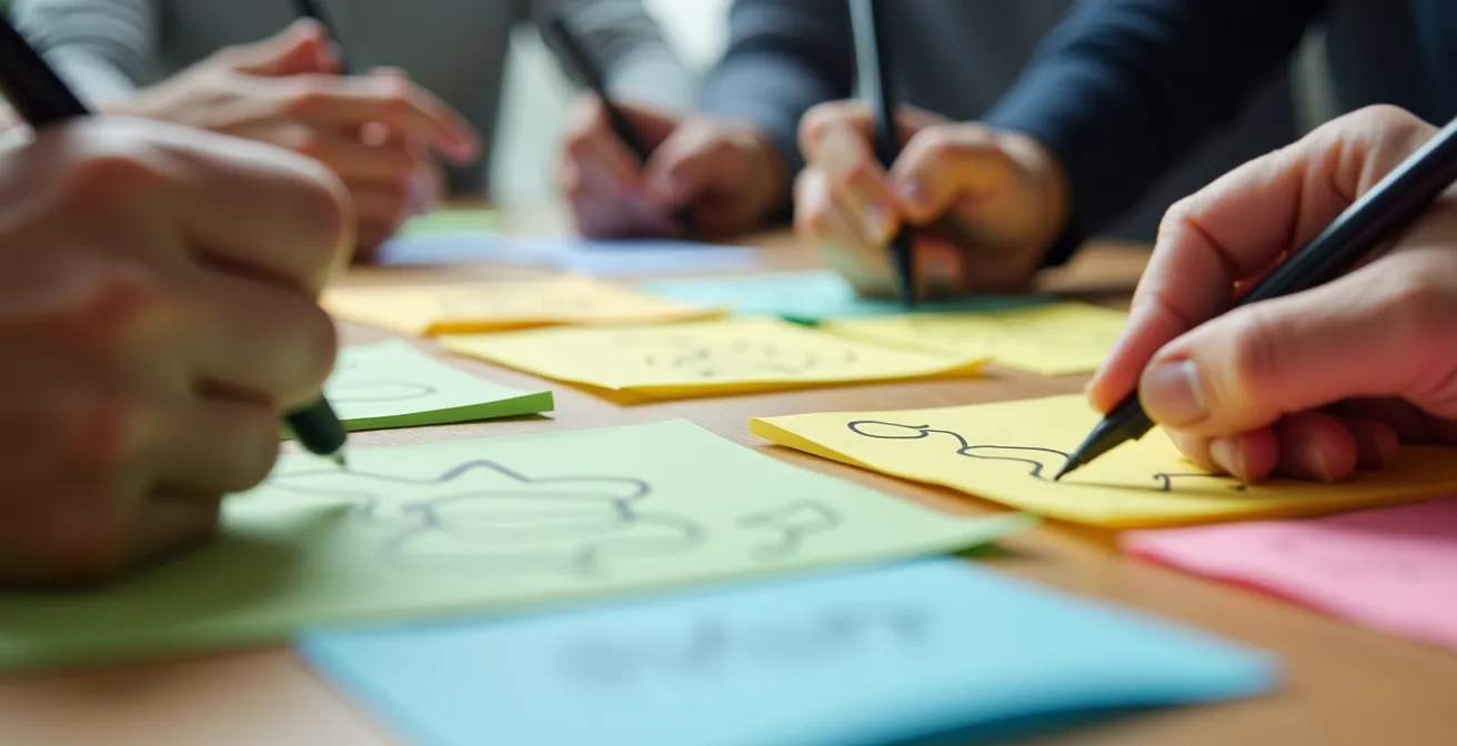 Team aziendale durante sessione di brainwriting silenzioso per analisi SWOT