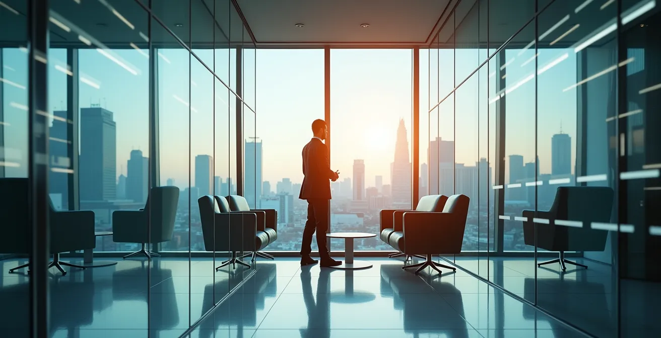 Ambiente ufficio minimalista con vista panoramica e riflessi di luce naturale