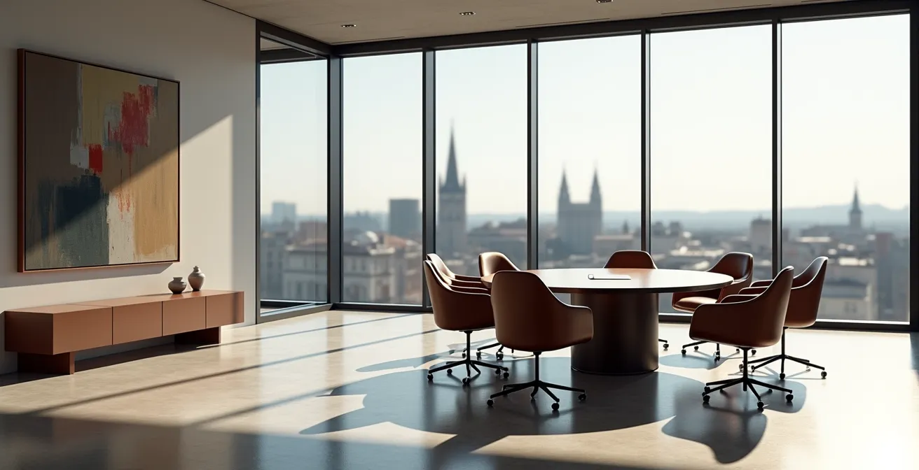 Vista ambientale minimalista di ufficio moderno con vista panoramica città italiana