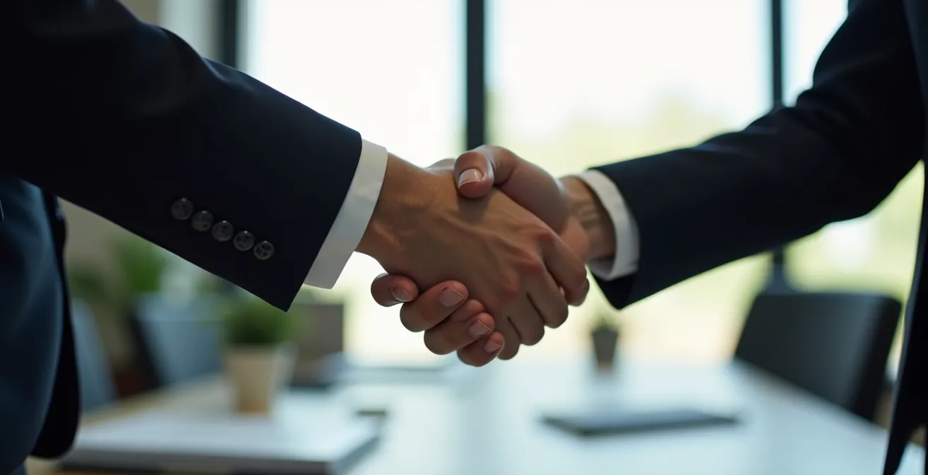 Stretta di mano tra professionisti in primo piano con documenti sfocati sullo sfondo