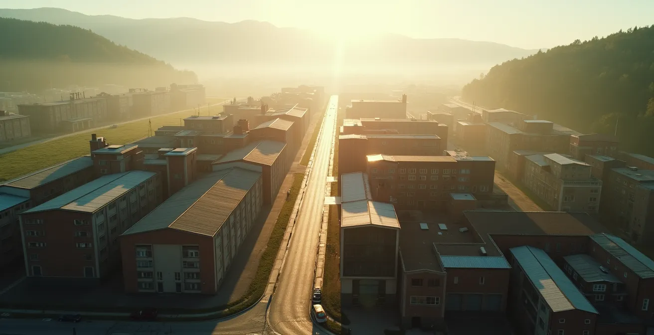 Vista aerea di un distretto industriale italiano con flussi di materiali evidenziati