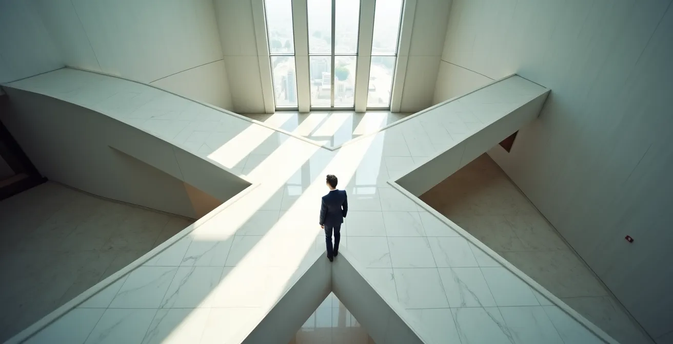 Metafora visuale del pivot strategico e della trasformazione di una crisi di valutazione in opportunità di crescita