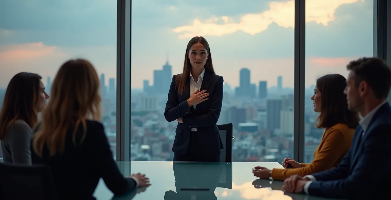 Leader che mostra vulnerabilità controllata durante comunicazione di crisi con team aziendale